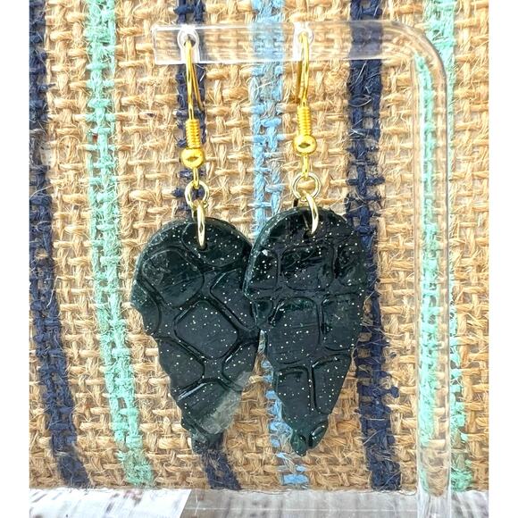 Artisan Dark Green Reptile Textured Wings Clay Charm Dangle Earrings 2.25" Drop - Picture 2 of 2